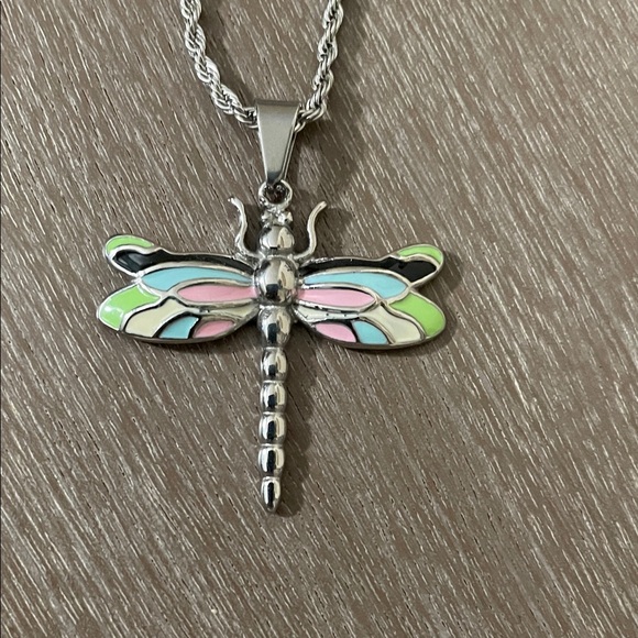 Artisan Silver Dragonfly Necklace with Pink and Green Accents - Picture 3 of 10